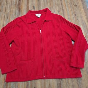 Allison Daley L Petite Red Ribbed Cardigan Sweater Zipper Pockets Granny
